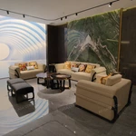 Light Beige Leather Sofa Set with Double-Layer Diamond Quilted Craftsmanship, Black Glossy Curved Natural Wood Veneer & Golden Stainless Steel Accents